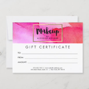 Carte Certificat cadeau de maquillage en Aquarelles rose