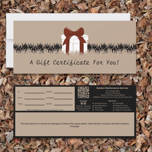 Carte Certificat cadeau de note personnelle d'entretien  (Garden Maintenance Personal Note Gift Certificate, Khaki & Black)