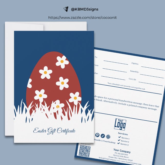 Carte Certificat cadeau de Pâques pour petites entrepris (Trendy Small Business Easter Gift Certificate, Easter Egg with blossoms on Lawn)