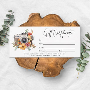 Carte Certificat Cadeau de Photographie avec Logo de Cam