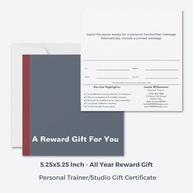 Carte Certificat cadeau de récompense de formateur perso (Square 5.25x5.25 Inch, Corporate Personal Trainer Reward Gift Certificate, Grey, White & Red Accent)