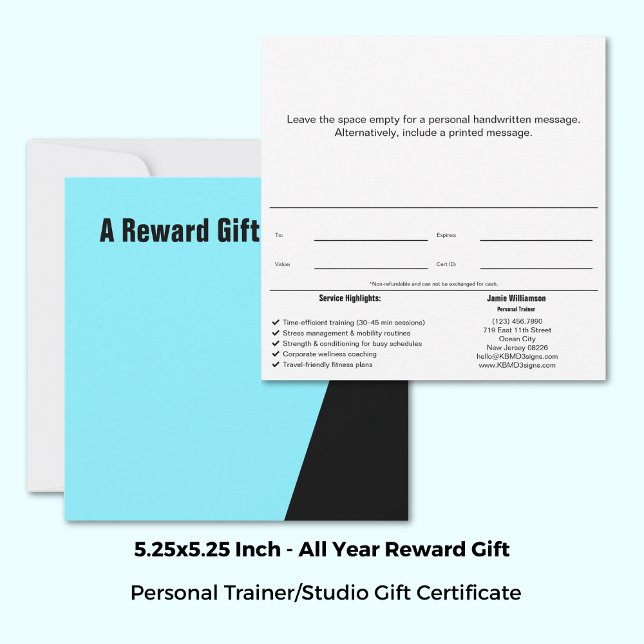 Carte Certificat cadeau de récompense pour les athlètes  (Square 5.25"x5.25", Personal Trainer Athletes Reward Gift Certificate, Electric-Blue, White, Black)