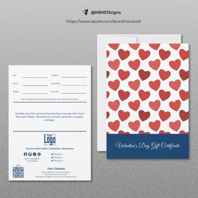 Carte Certificat cadeau de Saint Valentin professionnel (Professional Valentine's Day Gift Certificate, Red and Blue)