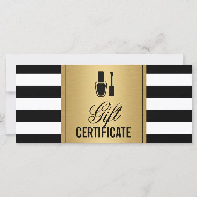 Carte Certificat cadeau de salon à ongles Gold B&W Strip (Devant)