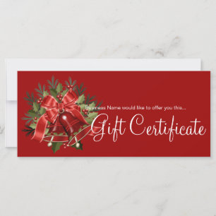 Carte Certificat cadeau de vacances Cloches de Noël roug