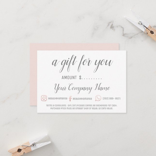 Carte Certificat cadeau d'entreprise Logo simple rose bl (Devant/Arrière en situation)