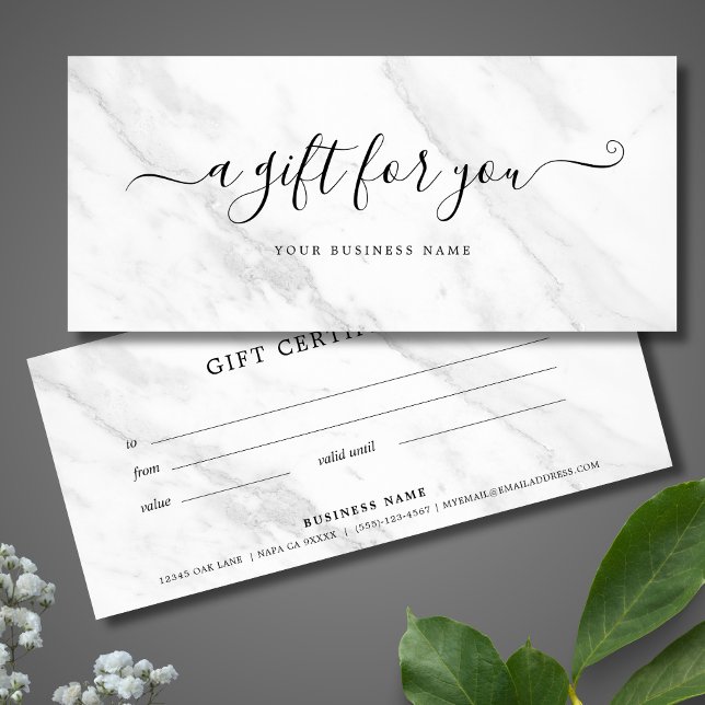 Carte Certificat cadeau d'entreprise Marbre blanc Élégan (White Marble Gift Certificate)