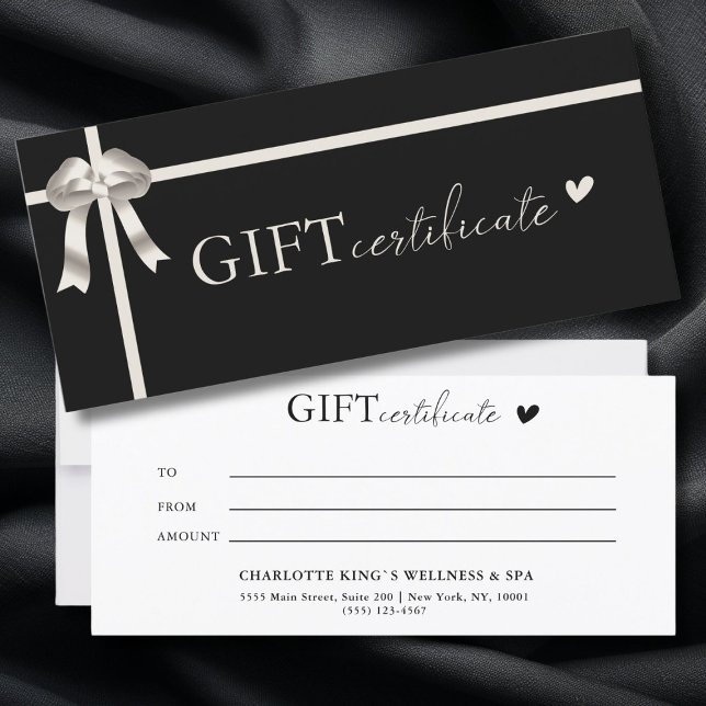 Carte Certificat cadeau d'entreprise spécifique au clien (Customer specific, Luxury, Elegant, Ribbon, Salon, Black Business Gift Certificate.)