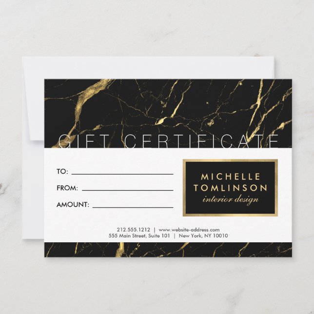 Carte Certificat cadeau du concepteur de marbre noir et  (Devant)