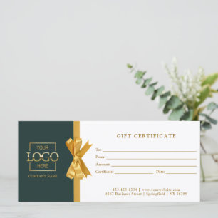 Carte Certificat Cadeau Élégant Chic Vert Or Entreprise