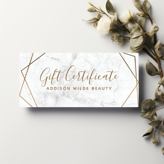 Carte Certificat Cadeau en Marbre Blanc Géométrique Or