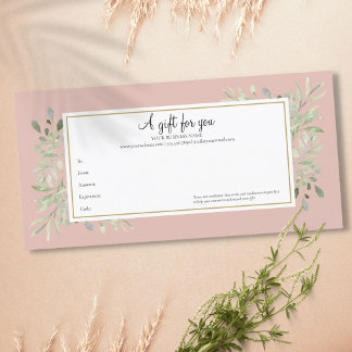 Carte Certificat Cadeau Feuilles de Printemps Rose Pâle