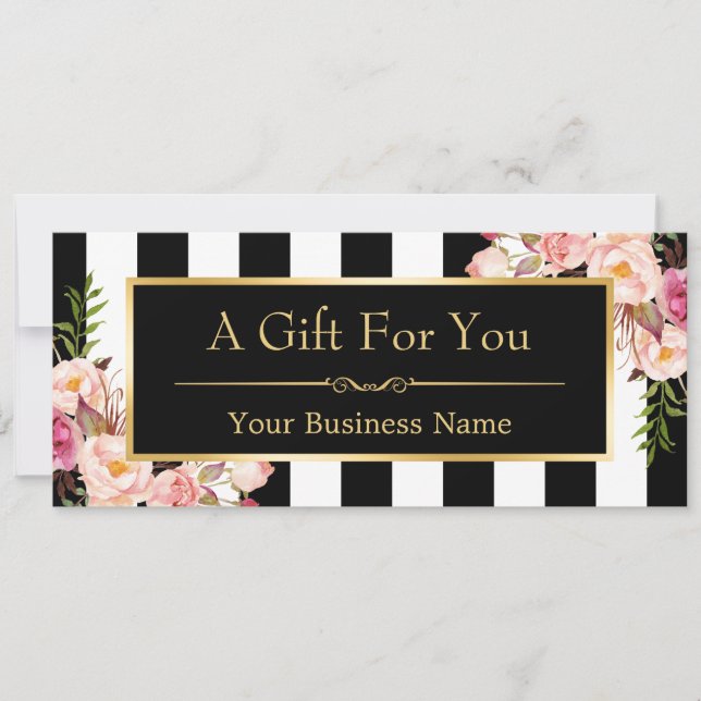 Carte Certificat cadeau Gold Floral Bandes noires et bla (Devant)