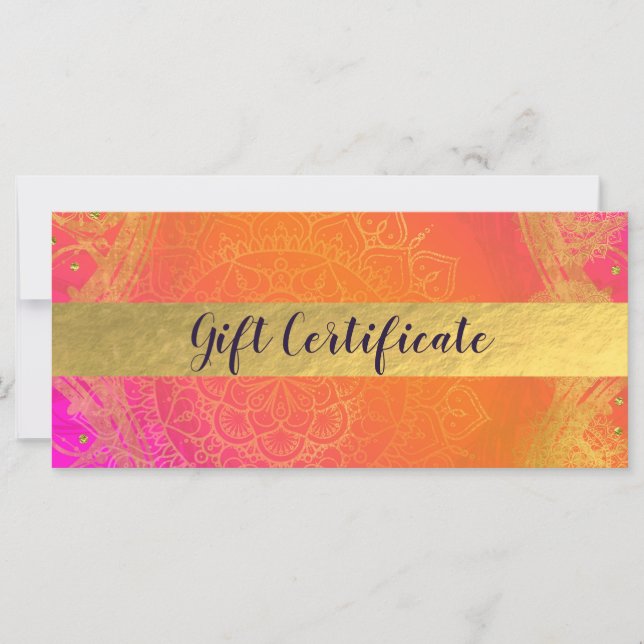 Carte Certificat Cadeau Indien Fuchsia Rose Orange & Or (Devant)