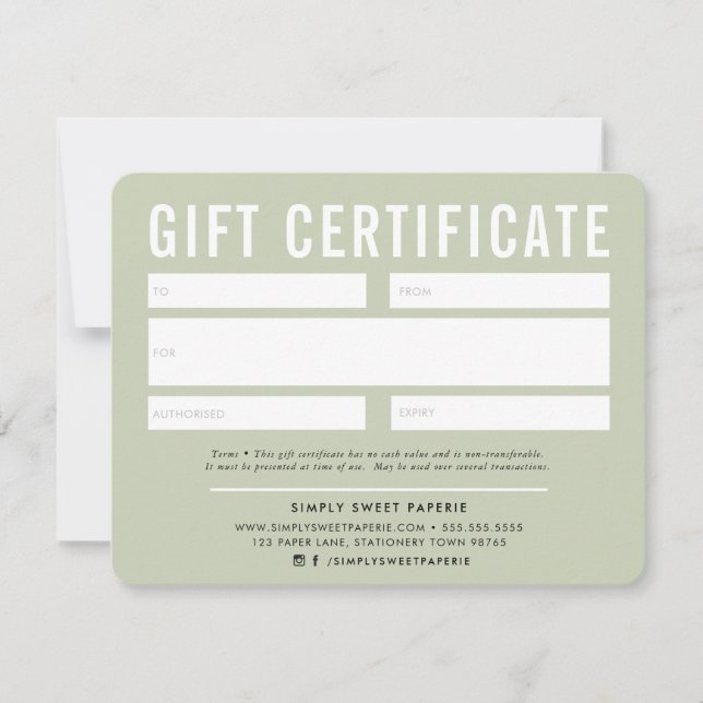 Carte CERTIFICAT CADEAU moderne affaires vert pâle sauge (Devant)