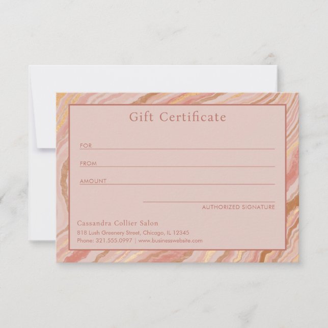 Carte Certificat cadeau moderne Pink Gold Abstrait Éléga (Devant)