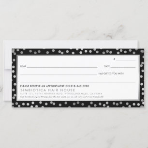 Carte CERTIFICAT CADEAU moderne points glam argent noir