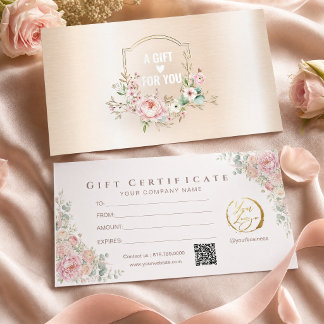 Carte Certificat Cadeau Moderne Rose Floral Or