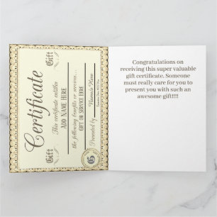 Carte Certificat cadeau or amusant