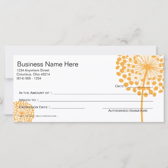 Carte Certificat cadeau Orange Dandelion Flower Design 2 (Devant)