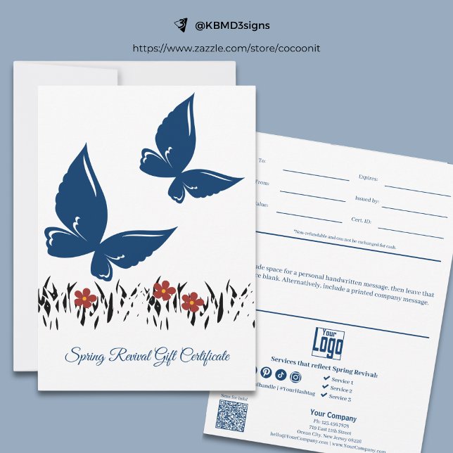 Carte Certificat cadeau pour papillons de printemps prof (Professional Spring Butterflies Gift Certificate, Blue, White, Black Lawn Silhouette, Red Blooms)
