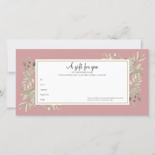 Carte Certificat Cadeau Rose Poussiéreuse Feuillage Doré