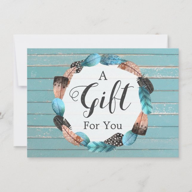 Carte Certificat cadeau Rustique Turquoise Bois & Plumes (Devant)