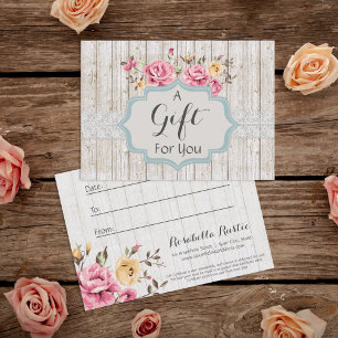 Carte Certificat cadeau Shabby Chic Floral Rustic Wood