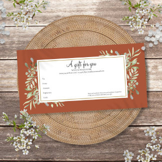 Carte Certificat Cadeau Terracotta Végétal Or Entreprise