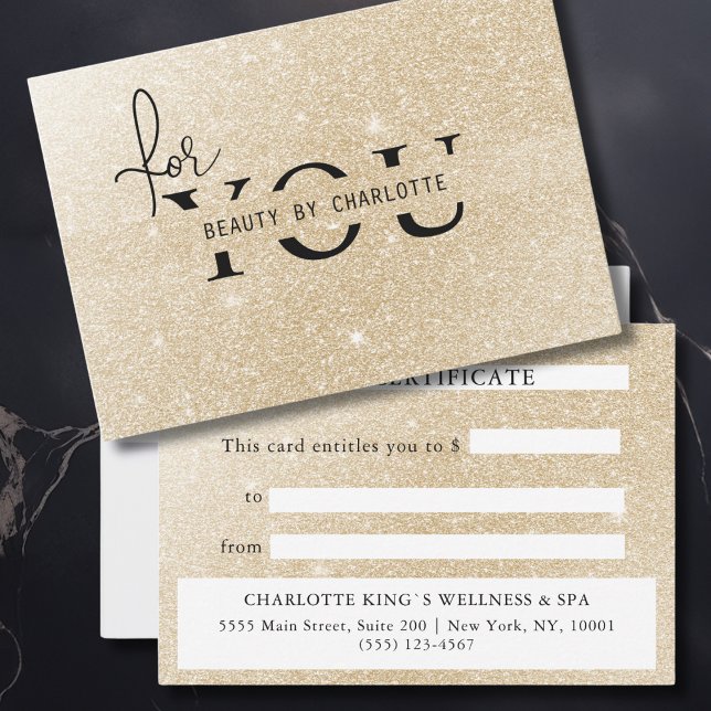 CARTE CERTIFICAT COMMERCIAL | | (Elegant Salon Gold Glitter Gift Certificate)