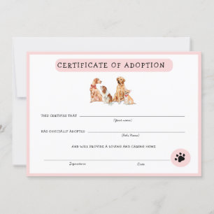 Carte Certificat d'adoption rose et blanc de chiot