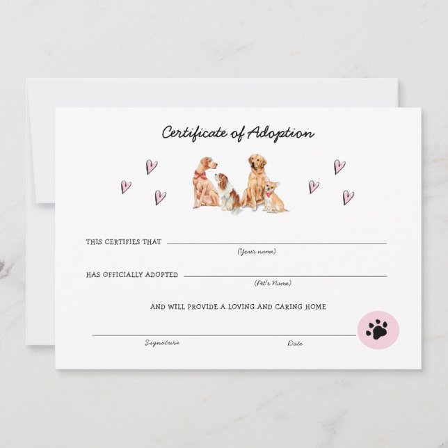 Carte Certificat d'adoption rose et blanc de chiot (Devant)