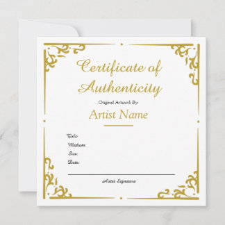 Carte Certificat d'authenticité or vintage pour l'art