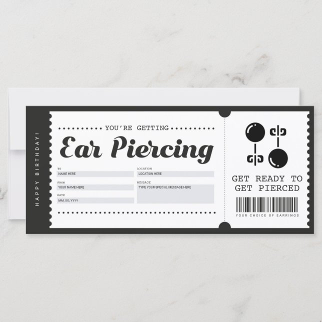 Carte Certificat de bon cadeau pour perçage de l'oreille (Devant)