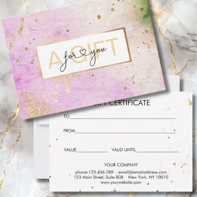 Carte CERTIFICAT DE GESTION DU POISON | Watercolour (Modern, Watercolor gift voucher, pink, green, gold (no foil). Just edit it with your name/data. )