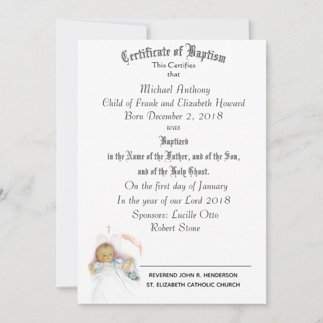 Carte Certificat de sacrement du baptême Religieux (Devant)