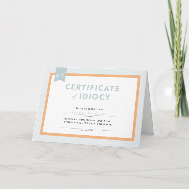 Carte Certificat d'excuses de l'Idiocy Card (Devant)