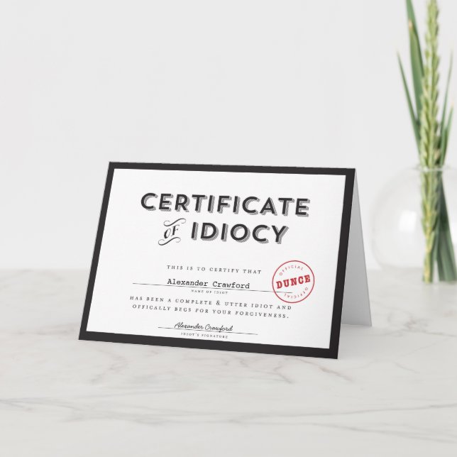 Carte Certificat d'excuses de l'Idiocy Card (Devant)