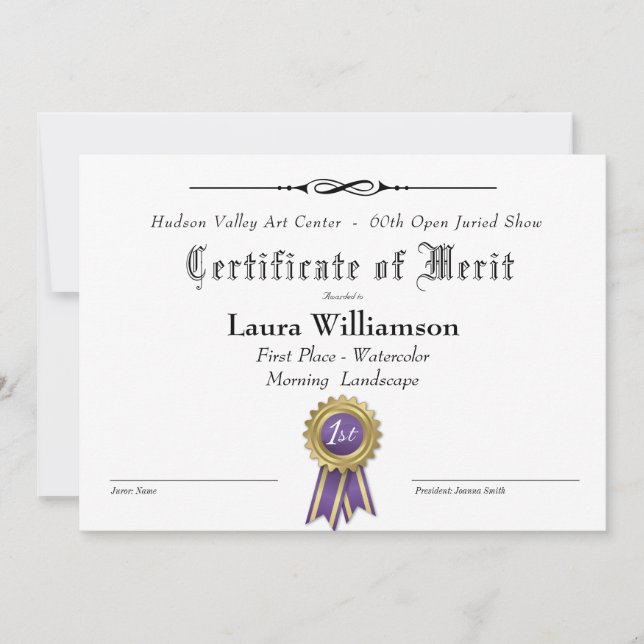 CARTE CERTIFICAT RÉCOMPENSÉ POUR LES SPECTACLES D'ART (Devant)