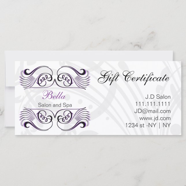 Carte Certificats-cadeaux chic violet, noir et blanc (Devant)