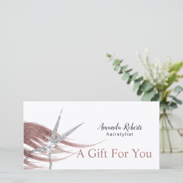 Carte Certificats cadeaux Rose ciseau argent cheveux or (Debout devant)