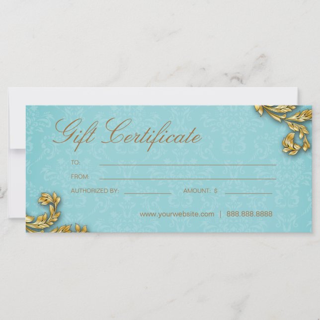 Carte Certificats-Cadeaux Salon Spa Gold Leaf Blue (Devant)