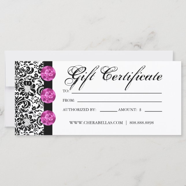 Carte Certificats cadeaux Salon Spa rose Damas Bijoux (Devant)