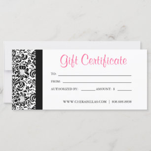 Carte Certificats Cadeaux Salon Spa rose Damas Cadre