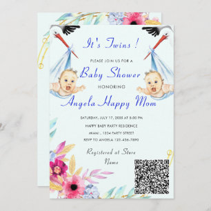 Carte C'est Twin Boys QR Code Info Baby shower Invitatio