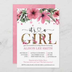 Carte C'est une fille baby shower d'aquarelle rose et or