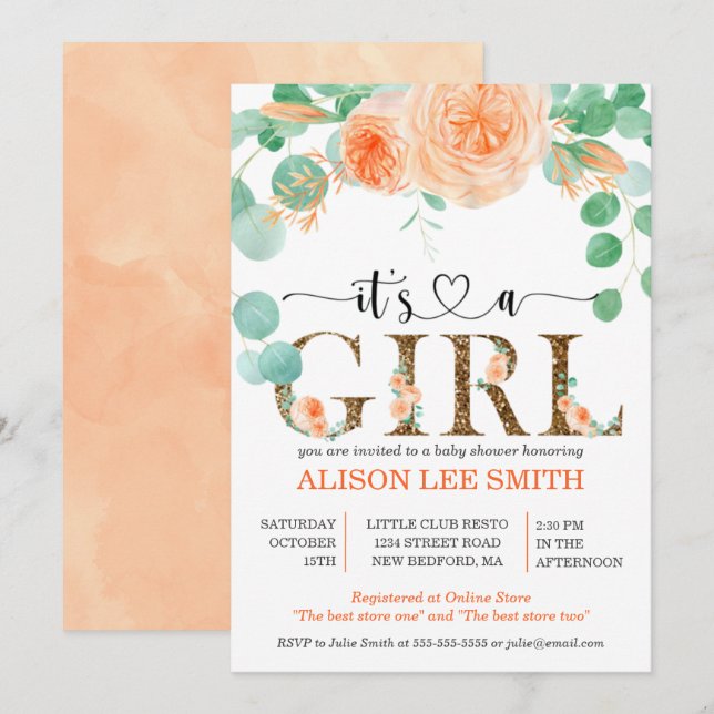 Carte C'est une fille Botanical turquoise et Baby shower (Devant / Derrière)