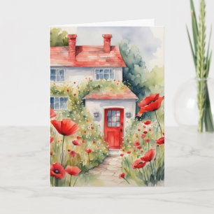 Carte Chalet D'Aquarelle Anniversaire Avec Pavots