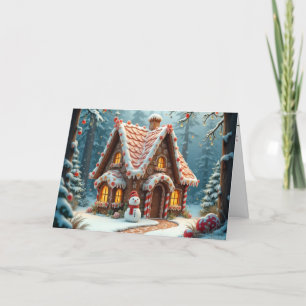 Carte Chalet de Noël en pain d'épice avec un bonhomme de