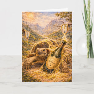 Carte Champagne doré et tortue d'anniversaire aux montre